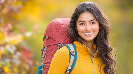 Fototapeta premium Smiling woman hiking in autumn forest with backpack and vibrant foliage