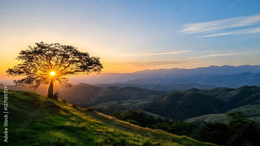Poster sunset silhouette of a majestic tree standing tall on hillside against a backdrop of mountain scener