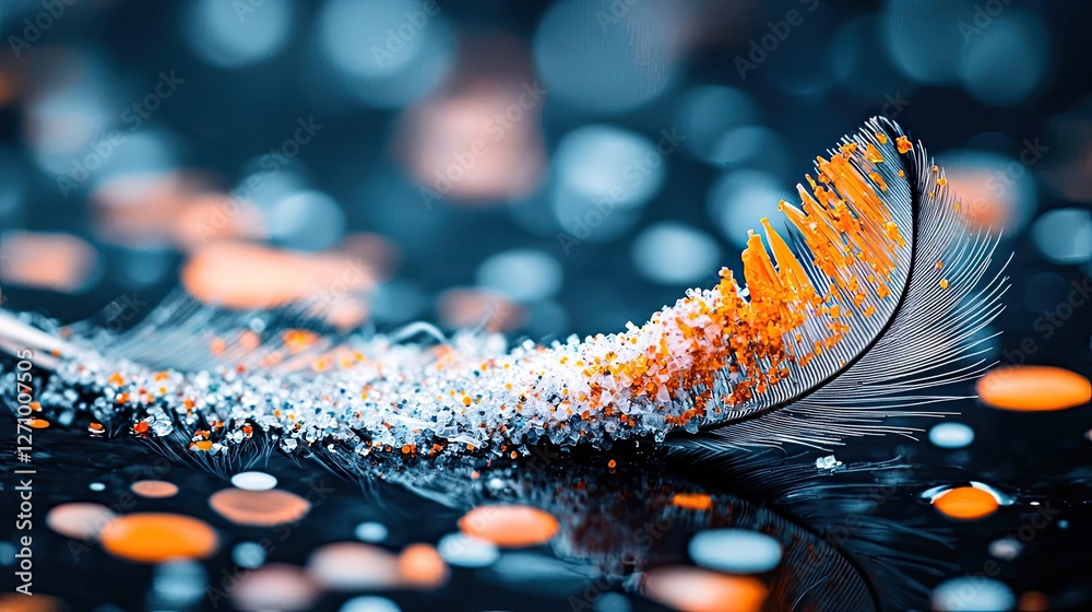 Poster plastic pollution idea. a vibrant feather resting on a colorful backdrop of sparkling particles.