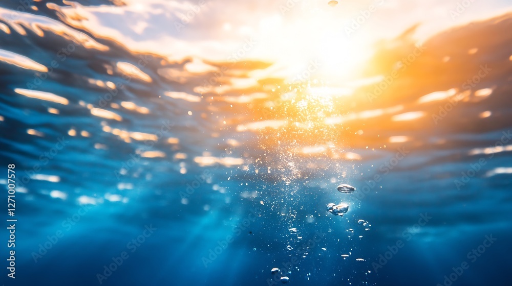 Poster Underwater Scene of Bubbles Rising with Glowing Sunlight Above : Generative AI