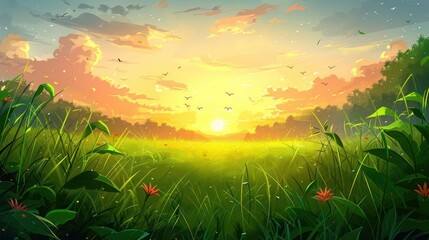 A vibrant sunset over a lush green field, filled with flowers and birds in the sky.