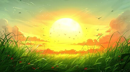 A vibrant sunset over a grassy landscape, evoking tranquility and natural beauty.