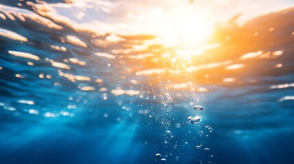Obraz premium Underwater Scene of Bubbles Rising with Glowing Sunlight Above : Generative AI