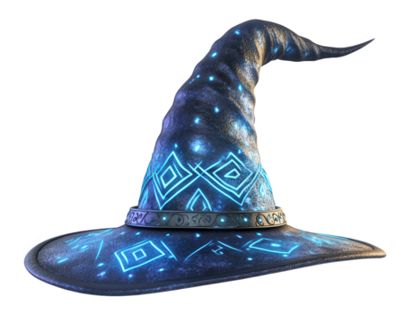 mystical wizard hat with wide brim and glowing blue patterns, perfect for magical adventures. Its intricate design and luminous details evoke sense of enchantment and wonder