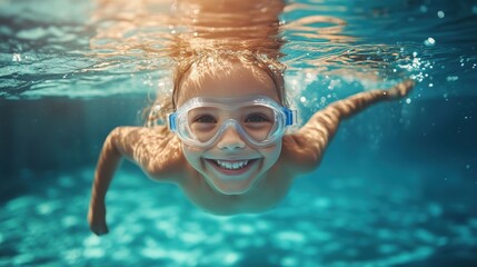 swimming, child, underwater, pool, goggles, summer, fun, happy, smiling, joy, vacaYoung girl enjoying a refreshing swim underwater, wearing goggles and smiling brightly, experiencing the joy of summer