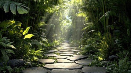 A dense bamboo forest with towering stalks reaching skyward. The vibrant green leaves create a natural canopy, filtering the sunlight into soft beams that illuminate the winding stone pathway.