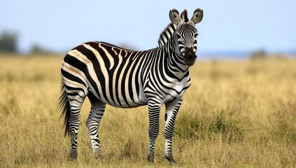 Naklejka premium A single zebra stands in a dry, grassy savanna.