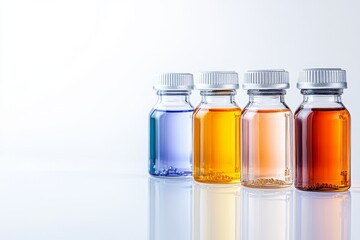 Laboratory bottles containing colorful peptides reflecting on white background