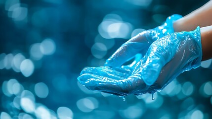 A hand applying sanitizer before putting on a pair of disposable gloves, hygiene concept
