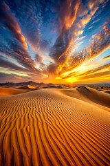 Naklejka premium Golden Desert Sunset: Rolling Dunes, Soft Shadows, and Fiery Sky – 10K Ultra-HD Breathtaking Landscape