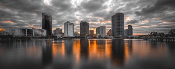 City skyline reflected in calm water at sunset, with dramatic clouds.
