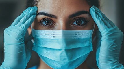 A nurse wearing gloves and adjusting a medical mask, healthcare professional setting