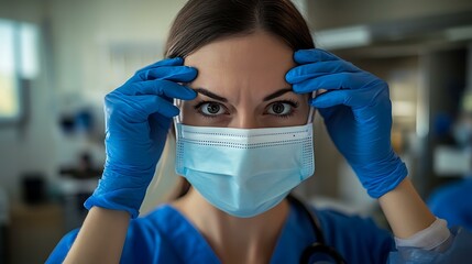 A nurse wearing gloves and adjusting a medical mask, healthcare professional setting