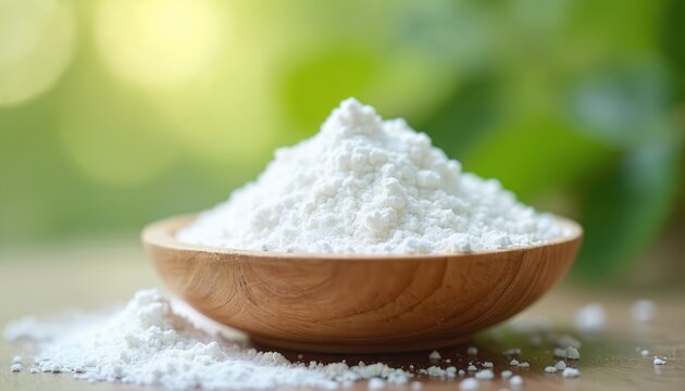 White zinc oxide powder lies in small wooden bowl on table. Healthcare, medical supplement ingredient. Chemical substance for medicine, pharmaceutical laboratory research, skin treatment, cosmetic