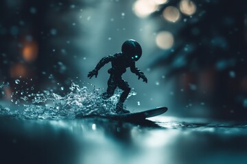 Naklejka premium Surfer riding waves under sparkling lights at dusk in a futuristic city environment