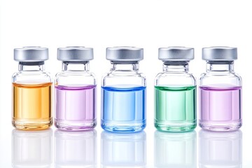 Laboratory bottles containing colorful peptides reflecting on white background