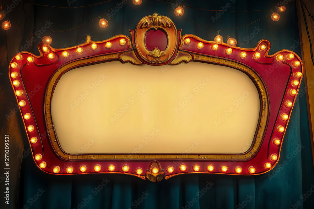 Fototapete retro marquee sign with lights, featuring a large blank space for custom messages, framed by a red a