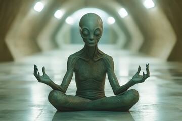 Meditating alien figure in a futuristic hallway creates an otherworldly ambiance at an unknown time