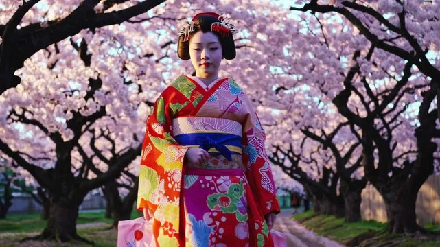 A Maiko is walking along a row of cherry blossom trees.