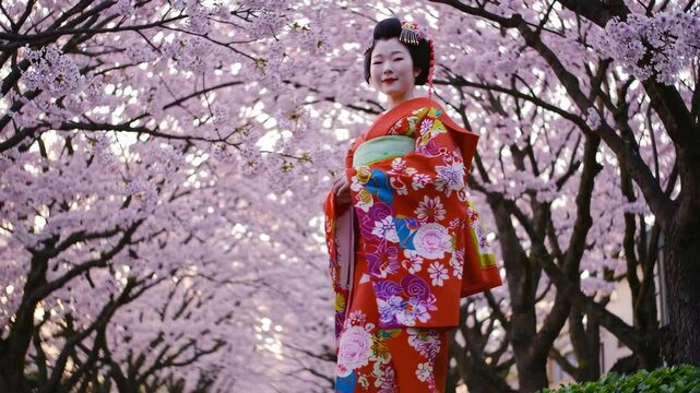 A Maiko is walking along a row of cherry blossom trees.
