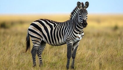 Obraz premium A young zebra stands in a grassy savanna, looking directly at the camera.