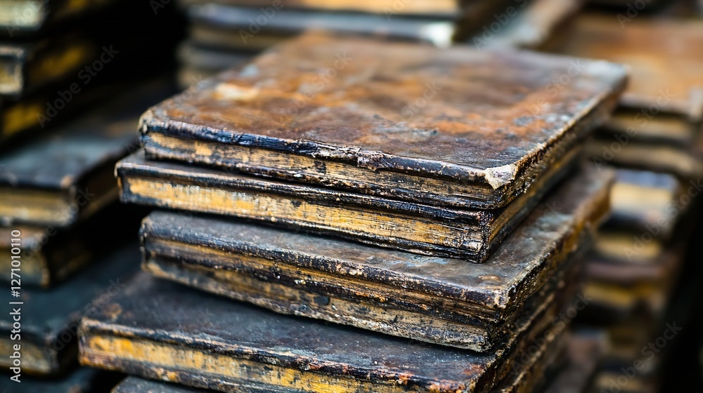 Poster closeup of weathered antique books stacked on each other displaying rich textures and history : gene