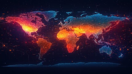 Obraz premium Digital Rendered World Map with Illuminated Borders and Data Points Enhancing Visual Appeal and Geographic Detailing for Use in Technology and Education