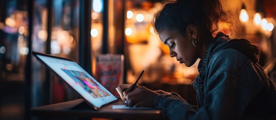 Young woman using laptop, sketching at night in cafe.