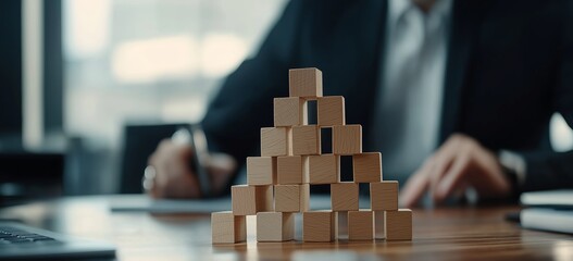 business scaling organizational concept. Wooden blocks arranged in a pyramid on a desk with a suited man in the background.