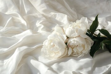 close-up elegant bouquet of white peonies flowers with delicate petals on white silk fabric with copy space