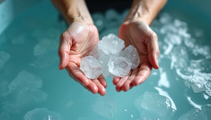 Close-up of hands holding ice cubes over cold water. Woman prepares ice bath, recovery techniques. Ice water immersion reduces muscle soreness, inflammation after workout, sports exercises.