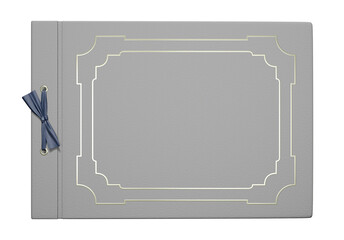 Front cover of a photo album with a golden metallic framework. 3D render. PNG.