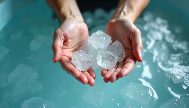 Close-up of hands holding ice cubes over cold water. Woman prepares ice bath, recovery techniques. Ice water immersion reduces muscle soreness, inflammation after workout, sports exercises.