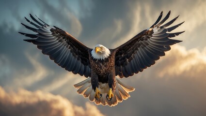 Fototapeta premium Majestic bald eagle gliding through a dramatic sky at sunset, showcasing its powerful wings and keen gaze