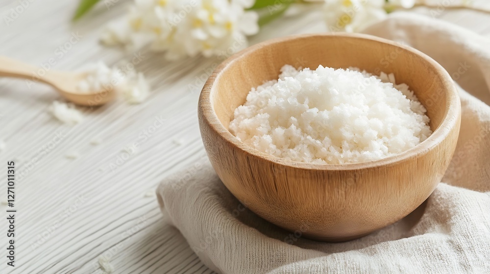 Poster cozy and inviting bowl of sea salt atop a soft cloth with rustic wooden backdrop : generative ai