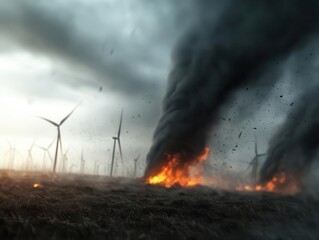 Obraz premium Tornado hitting a wind farm, turbines bending and snapping as the powerful winds wreak havoc on the fields.