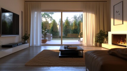 Fototapeta premium Modern Living Room with Cozy Fireplace and Backyard View