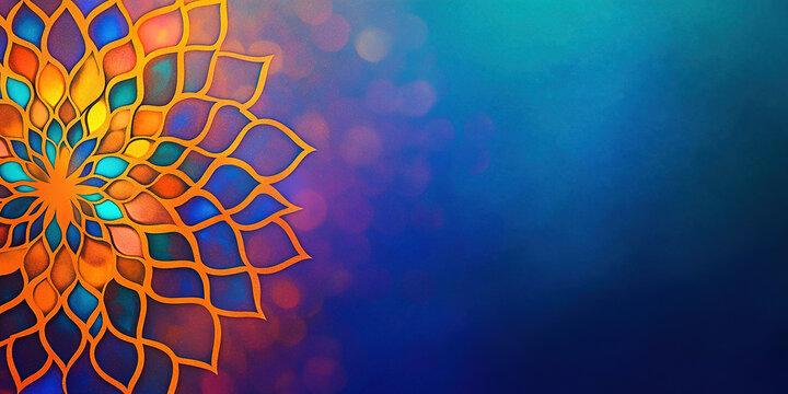 Stunning Islamic greeting card with arabesque motifs in deep jewel tones and elegant festive design