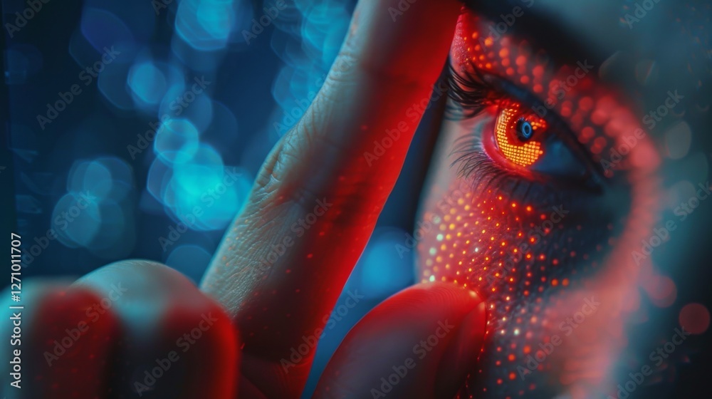Poster a close up view of a human eye enhanced with vivid red and blue digital patterns, highlighting the i