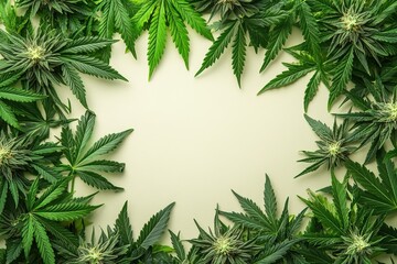 composition of many green cannabis marijuana leaves border frame on light color background with copy space in center