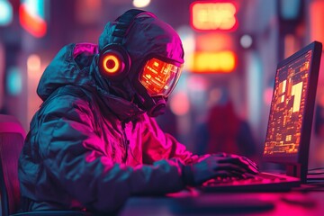 Futuristic gamer wearing helmet and headset immersed in digital world at neon-lit cyber cafe during nighttime