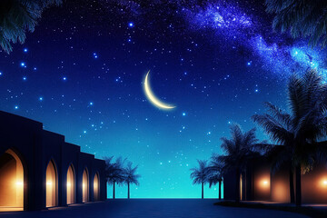 Fototapeta premium Peaceful Ramadan night illuminated by stars and crescent moon over traditional Middle Eastern courtyard