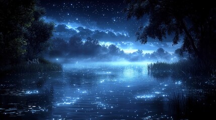 Serene nighttime lake scene featuring a tranquil boat on calm waters