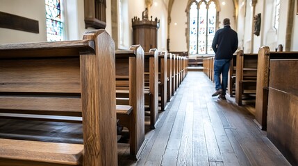 Wooden Church Benches and Person Walking Inside Beautiful Historic Sanctuary : Generative AI