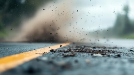 A monstrous tornado pulls dust and debris into its vortex as it heads directly towards a rural road.