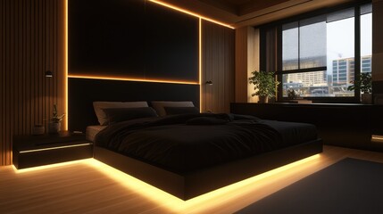 Modern Bedroom with Black and Wood Decor and Warm Lighting