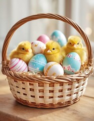 little fluffy yellow chicken chicks sitting in a basket together with Easter painted eggs, Easter photo for postcard design