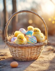 little fluffy yellow chicken chicks sitting in a basket together with Easter painted eggs, Easter photo for postcard design