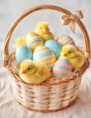 little fluffy yellow chicken chicks sitting in a basket together with Easter painted eggs, Easter photo for postcard design