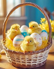 little fluffy yellow chicken chicks sitting in a basket together with Easter painted eggs, Easter photo for postcard design